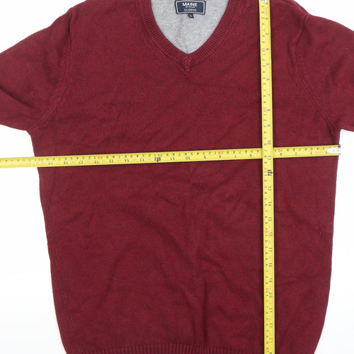 Maine New England Men's Red V-Neck Cotton Blend Jumper Size M