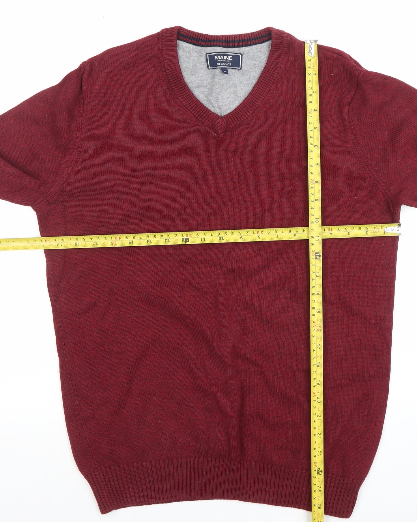 Maine New England Men's Red V-Neck Cotton Blend Jumper Size M