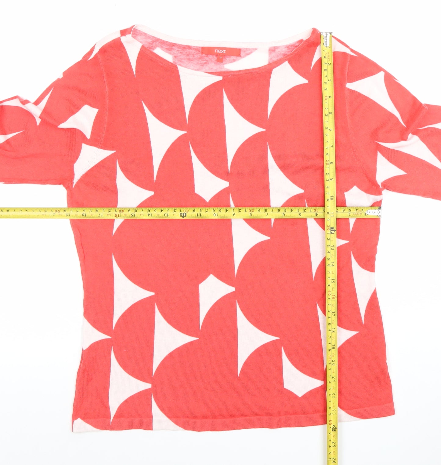 Next Women's Red Geometric 3/4 Sleeve Boat Neck Cotton T-Shirt Size 14