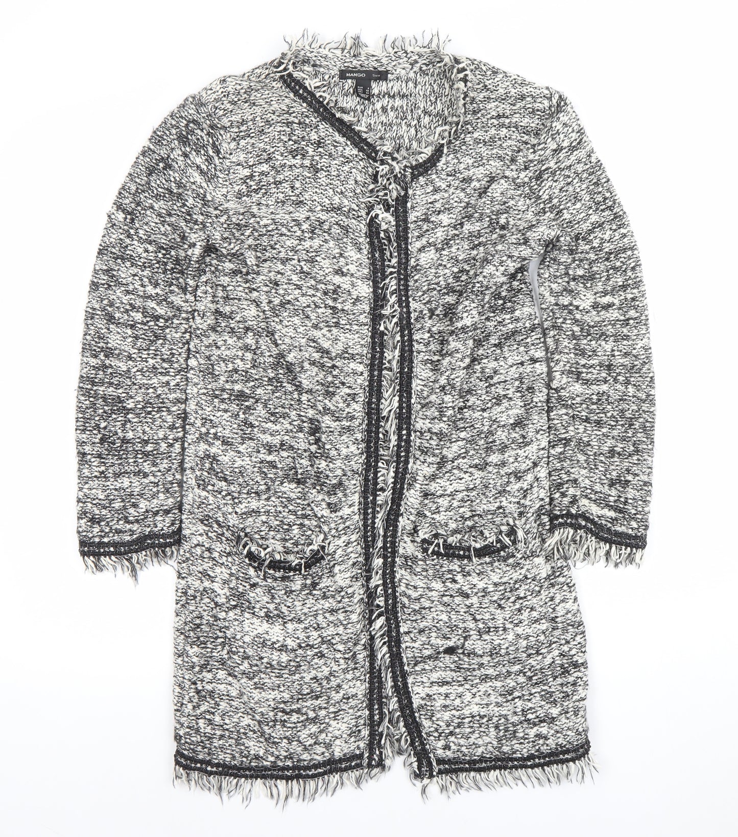 Mango Women's Grey Chunky-Knit Fringe Cardigan Size S
