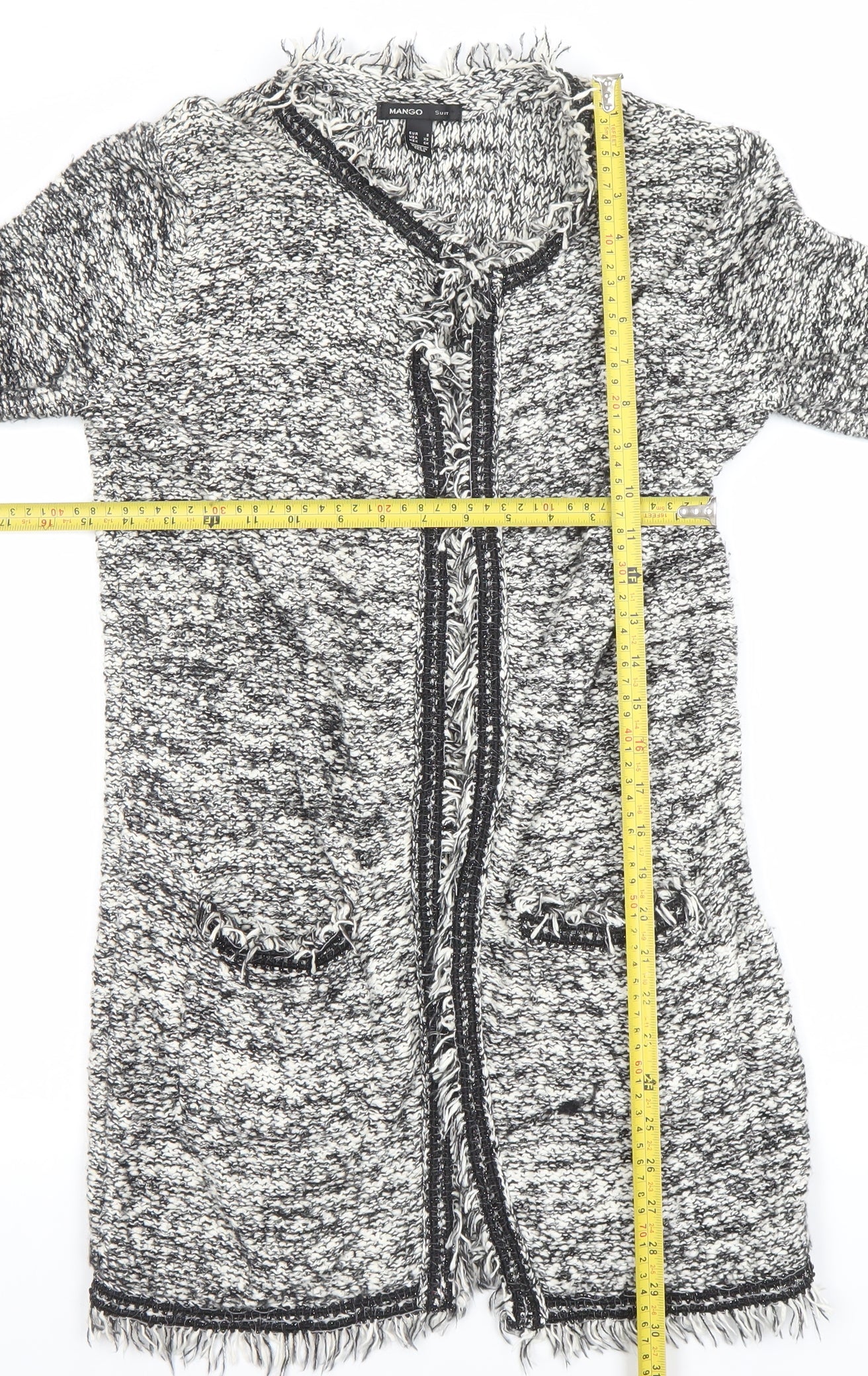 Mango Women's Grey Chunky-Knit Fringe Cardigan Size S