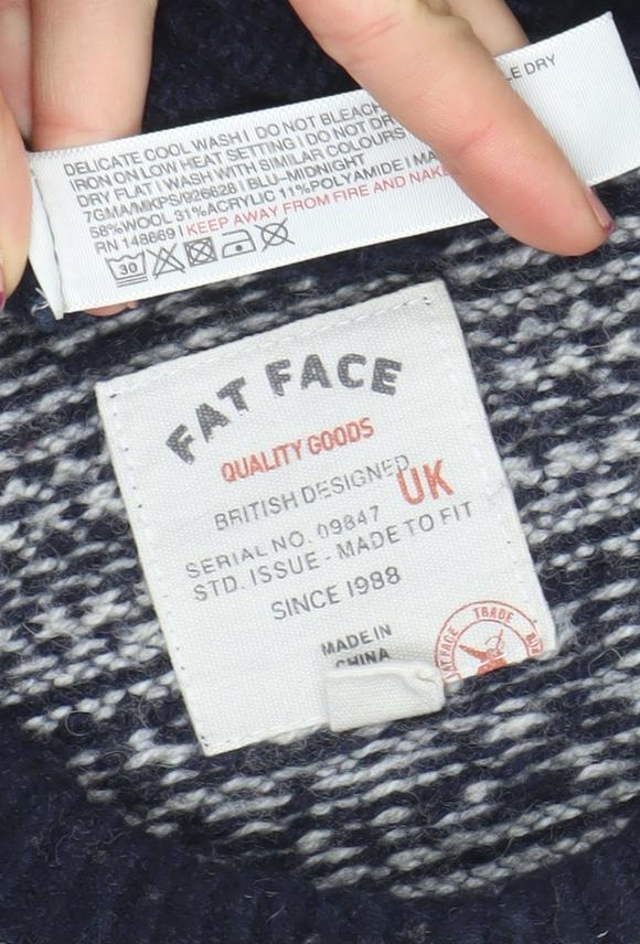 Fat Face Men's Blue Fair Isle Wool Blend Crew Neck Jumper Size M