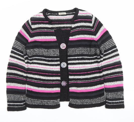Damart Womens Black Pink Striped Cardigan Size S 10/12 Acrylic Cotton Knit