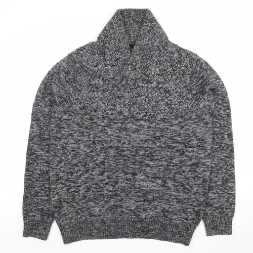 New Look Men Grey Chunky Knit Shawl Neck Wool Blend Jumper XL