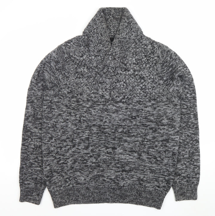 New Look Men Grey Chunky Knit Shawl Neck Wool Blend Jumper XL