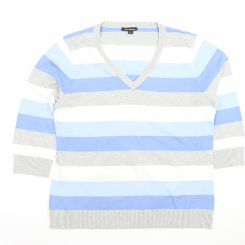 Brunella Women’s Blue Striped V-Neck Cotton Blend 3/4 Sleeve Top L