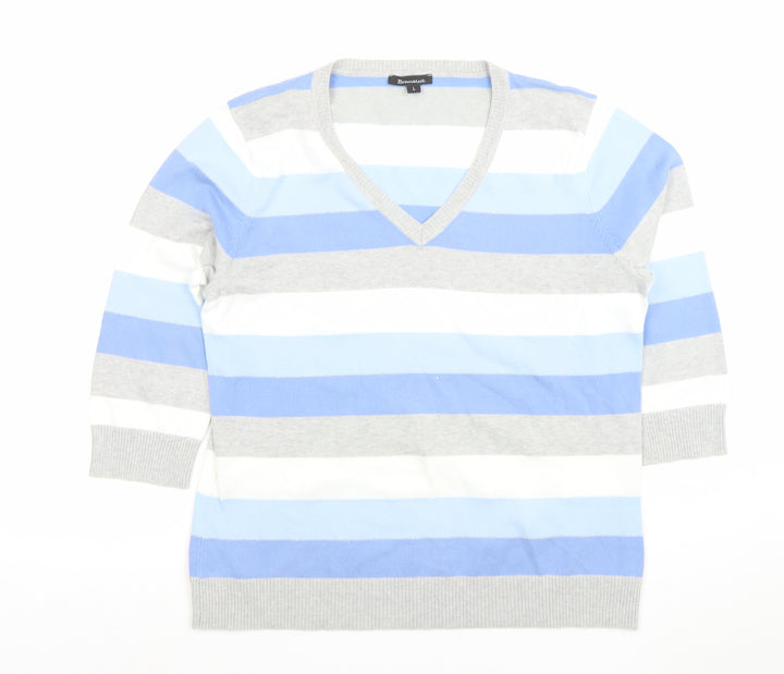 Brunella Women’s Blue Striped V-Neck Cotton Blend 3/4 Sleeve Top L