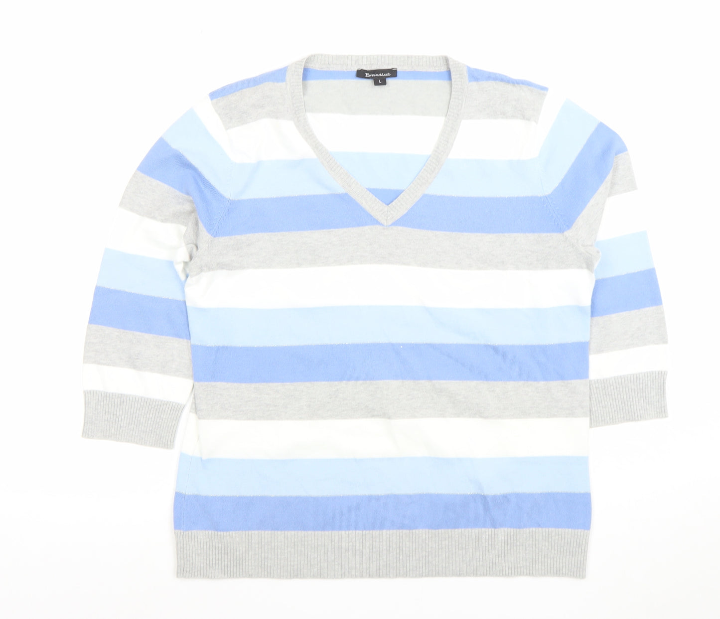 Brunella Women’s Blue Striped V-Neck Cotton Blend 3/4 Sleeve Top L