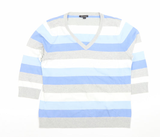 Brunella Women’s Blue Striped V-Neck Cotton Blend 3/4 Sleeve Top L