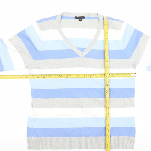 Brunella Women’s Blue Striped V-Neck Cotton Blend 3/4 Sleeve Top L