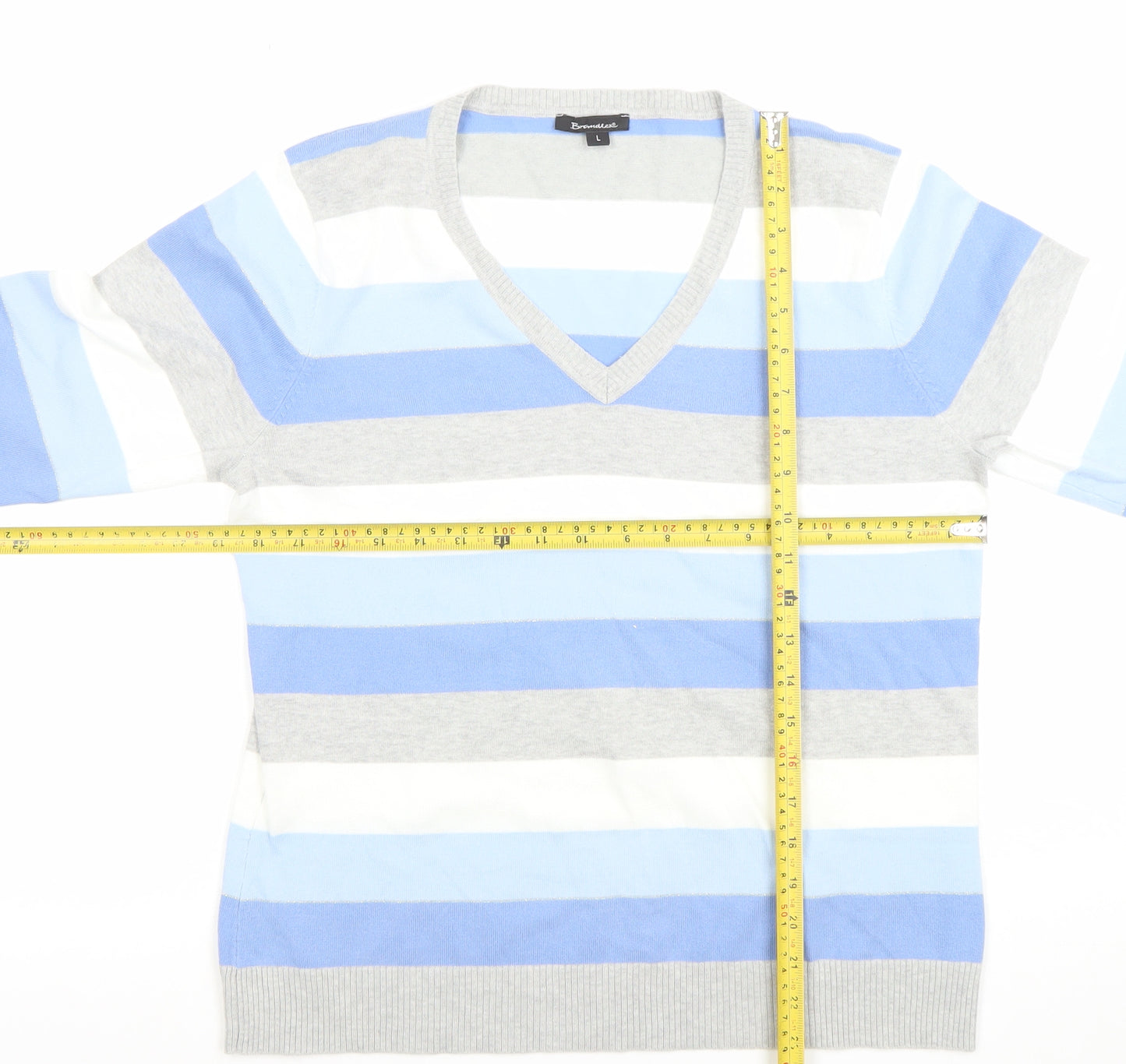 Brunella Women’s Blue Striped V-Neck Cotton Blend 3/4 Sleeve Top L