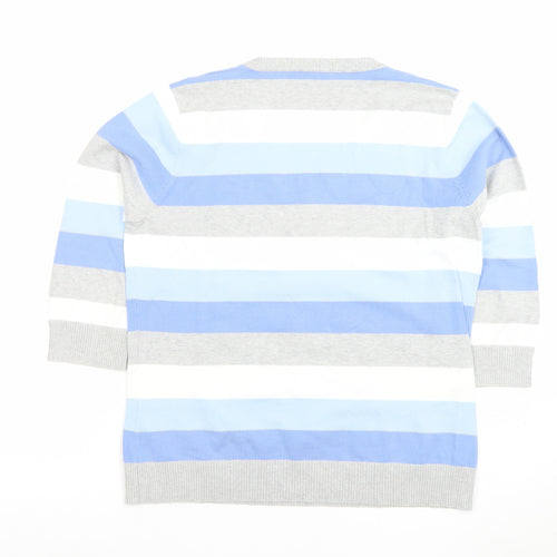 Brunella Women’s Blue Striped V-Neck Cotton Blend 3/4 Sleeve Top L