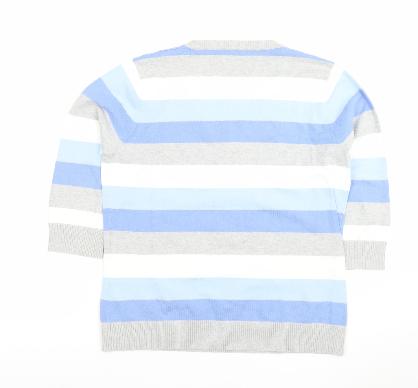 Brunella Women’s Blue Striped V-Neck Cotton Blend 3/4 Sleeve Top L