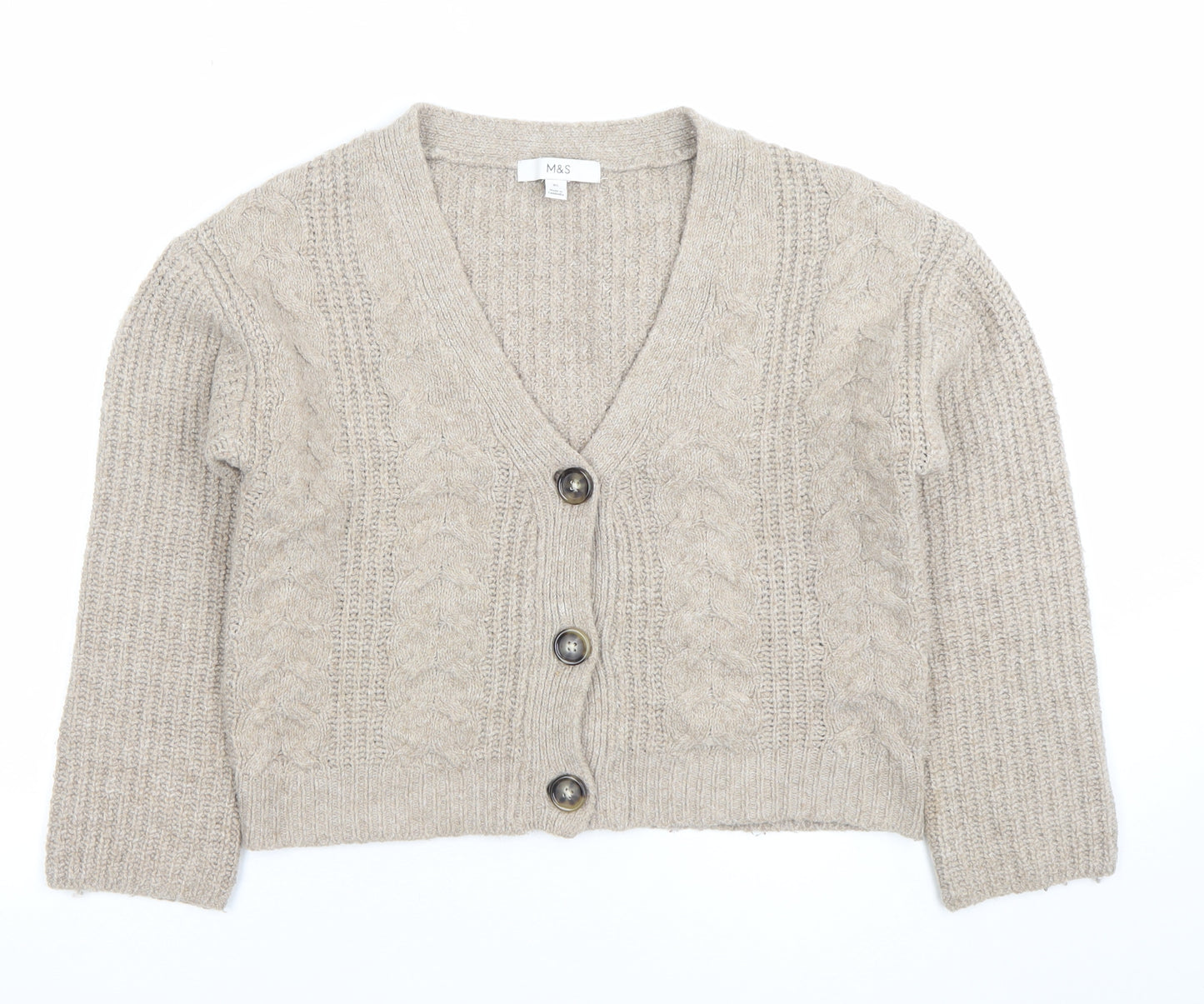 Marks and Spencer Women Beige Cable-Knit Cardigan XS Wool Blend
