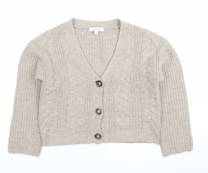 Marks and Spencer Women Beige Cable-Knit Cardigan XS Wool Blend