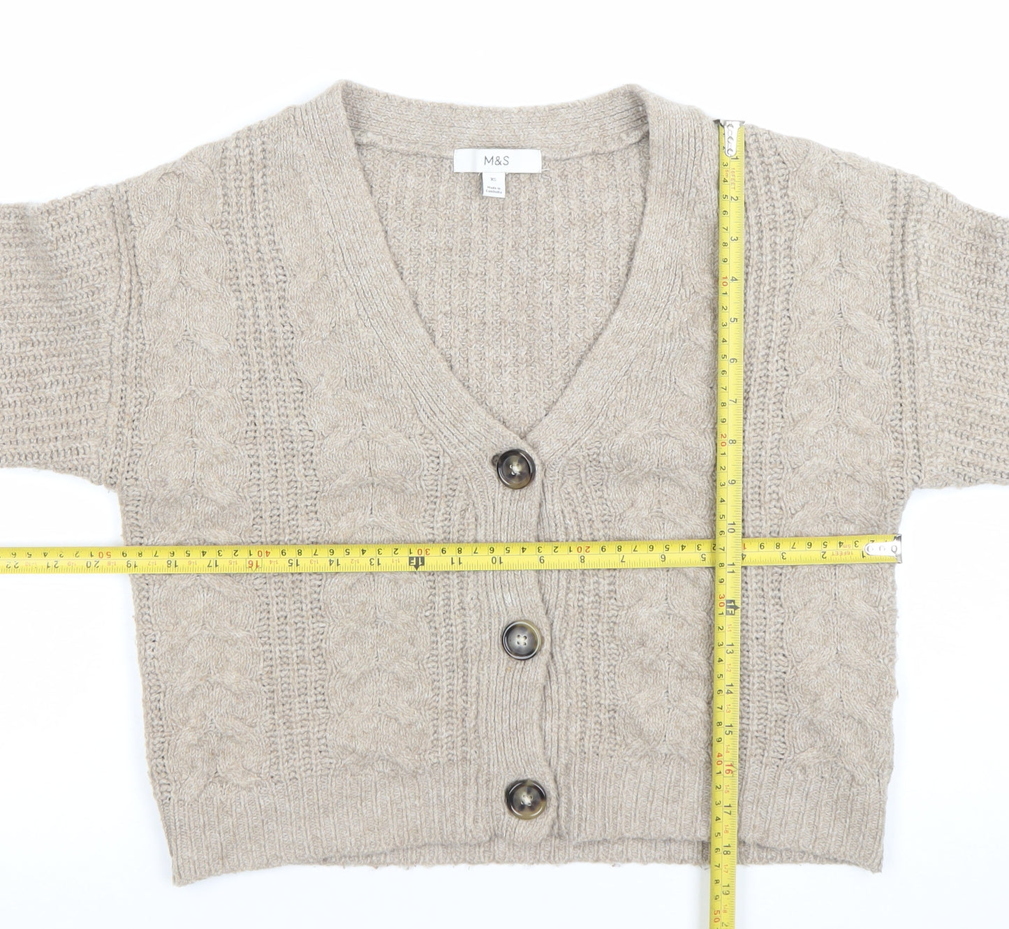 Marks and Spencer Women Beige Cable-Knit Cardigan XS Wool Blend