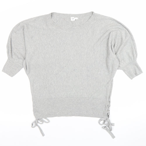 GAP Women’s Grey Cropped Knit Blouse S Short Sleeve Tie Detail
