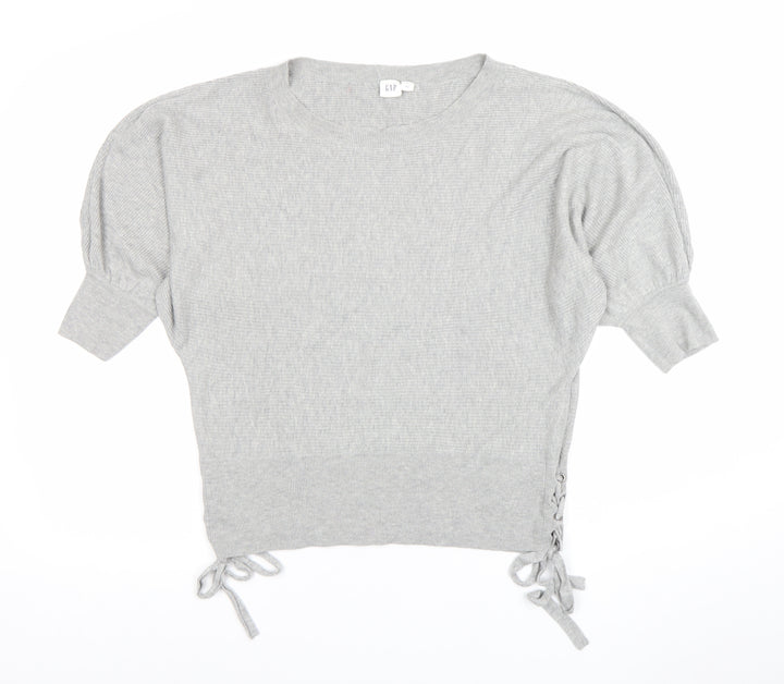 GAP Women’s Grey Cropped Knit Blouse S Short Sleeve Tie Detail