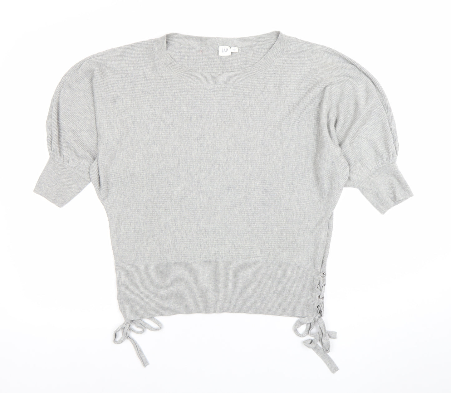 GAP Women’s Grey Cropped Knit Blouse S Short Sleeve Tie Detail
