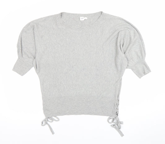 GAP Women’s Grey Cropped Knit Blouse S Short Sleeve Tie Detail
