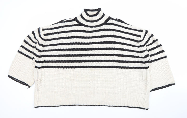 Bili Women Ivory Black Striped High Neck Chunky Knit Jumper One Size