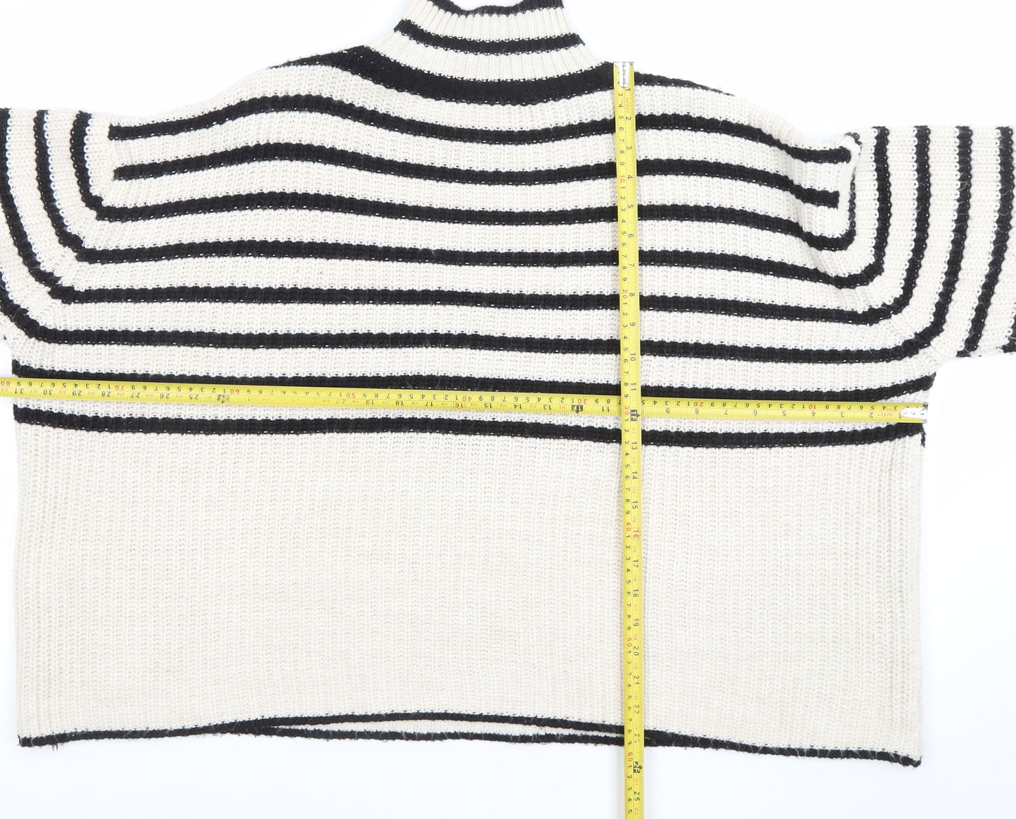 Bili Women Ivory Black Striped High Neck Chunky Knit Jumper One Size