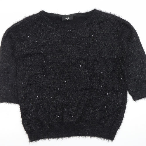 Wallis Women’s Black Sequin Fuzzy Knit Pullover Jumper Size 14