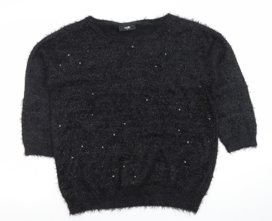 Wallis Women’s Black Sequin Fuzzy Knit Pullover Jumper Size 14