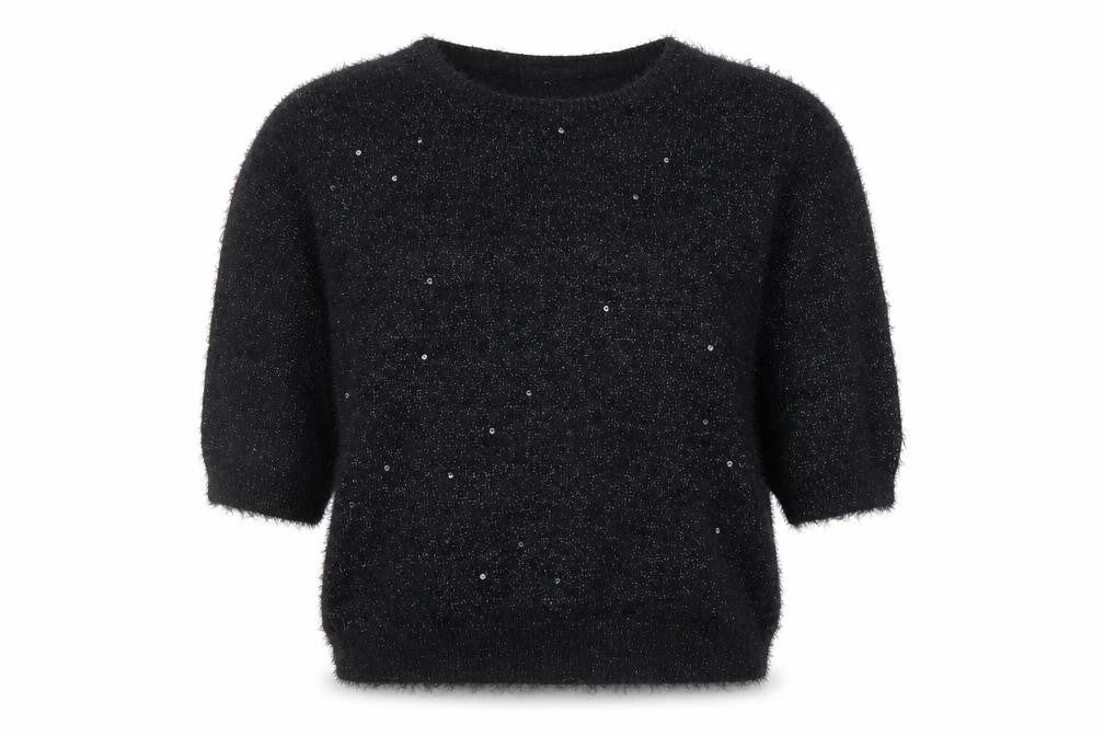 Front view of Wallis Women’s Black Sequin Fuzzy Knit jumper, size UK 14