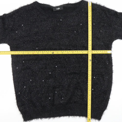 Wallis Women’s Black Sequin Fuzzy Knit Pullover Jumper Size 14