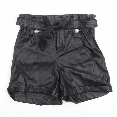 River Island Girls Black Faux Leather Paperbag Belted Shorts 12 Years