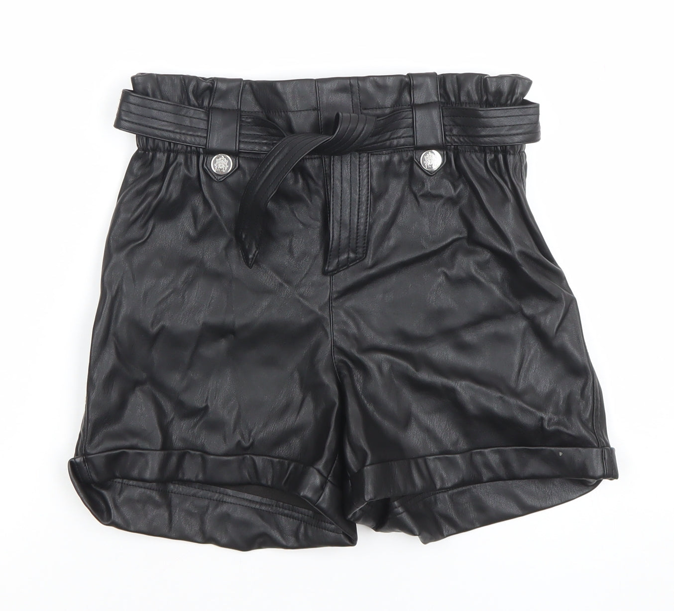 River Island Girls Black Faux Leather Paperbag Belted Shorts 12 Years