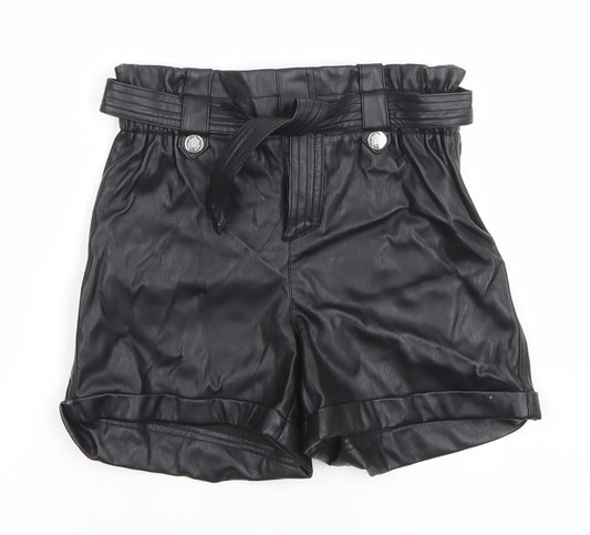 River Island Girls Black Faux Leather Paperbag Belted Shorts 12 Years