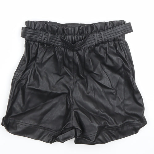 River Island Girls Black Faux Leather Paperbag Belted Shorts 12 Years