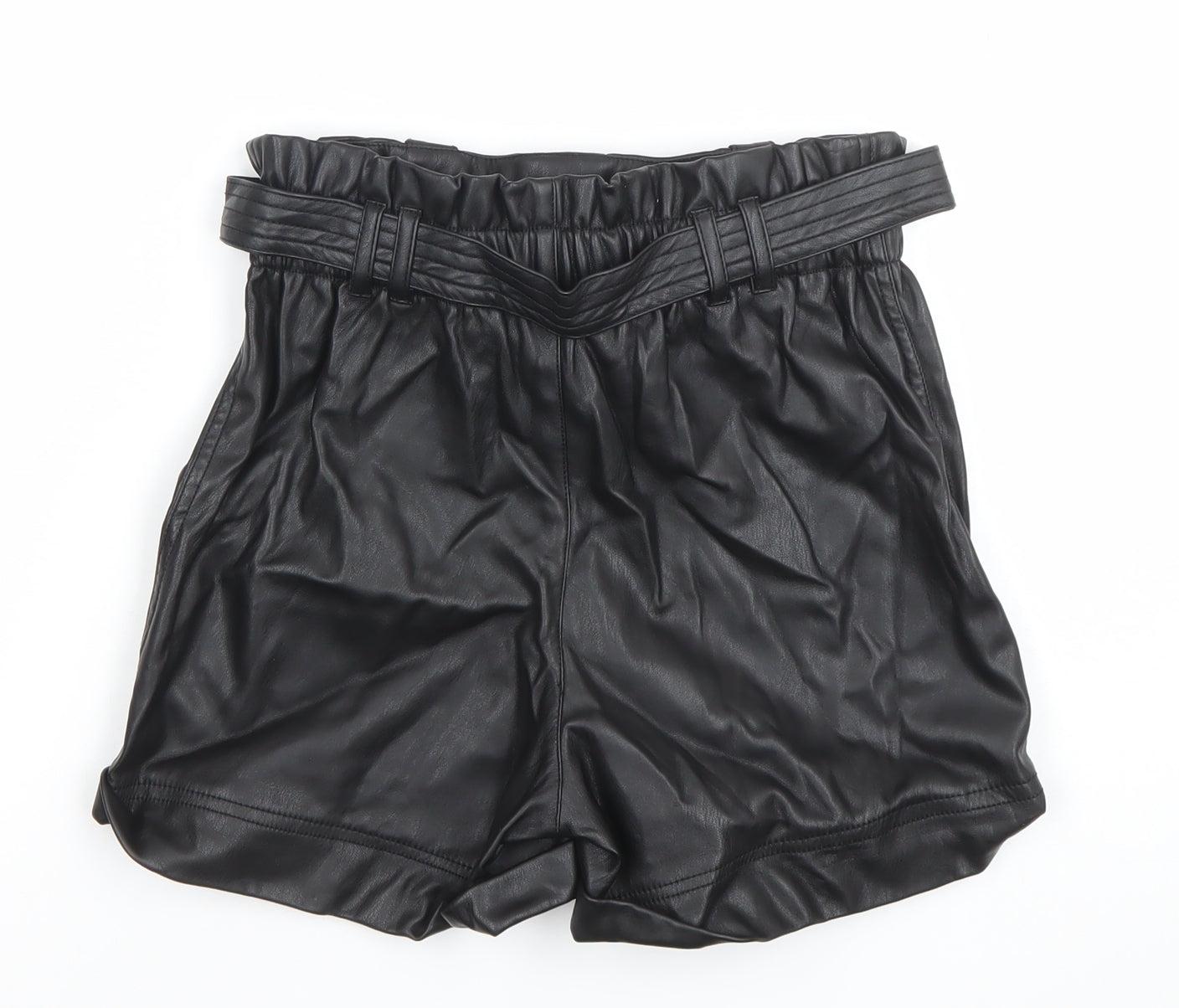 River Island Girls Black Faux Leather Paperbag Belted Shorts 12 Years