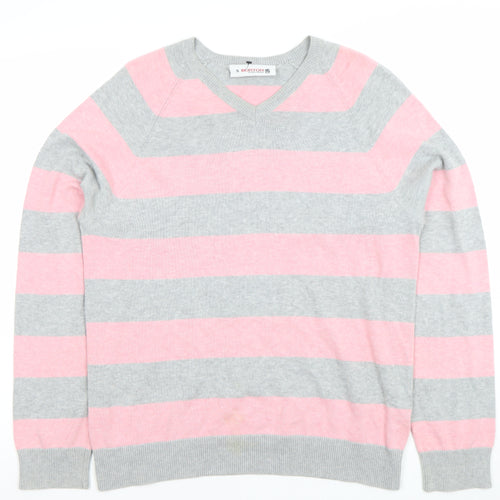 Burton Men’s Grey Pink Striped Cotton V-Neck Jumper Size S