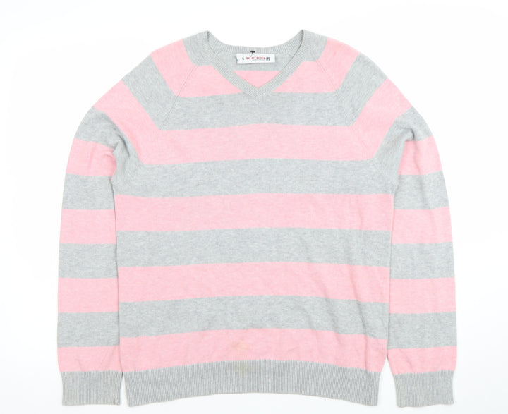 Burton Men’s Grey Pink Striped Cotton V-Neck Jumper Size S