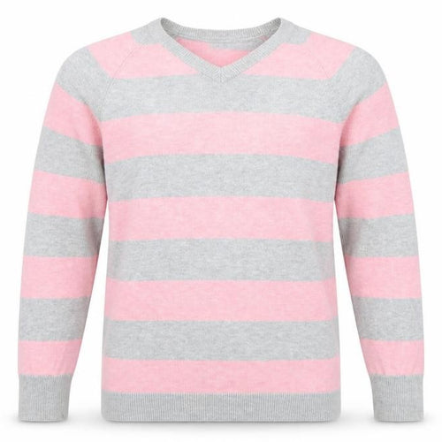 Burton Men’s Grey Pink Striped Cotton V-Neck Jumper Size S