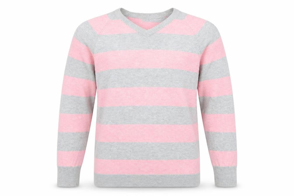 Burton Men’s Grey Pink Striped Cotton V-Neck Jumper Size S