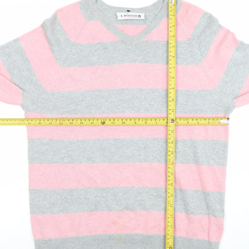 Burton Men’s Grey Pink Striped Cotton V-Neck Jumper Size S