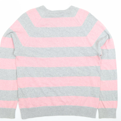Burton Men’s Grey Pink Striped Cotton V-Neck Jumper Size S