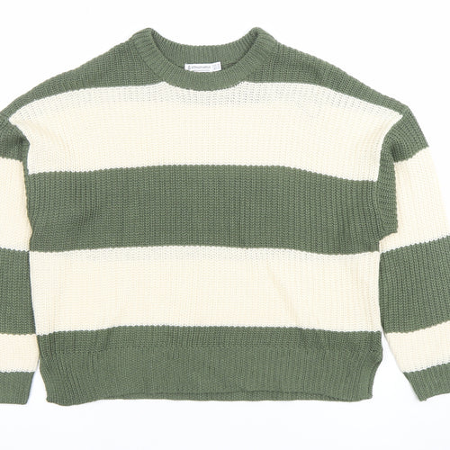Stradivarius Women Green Cream Striped Chunky Knit Jumper XS