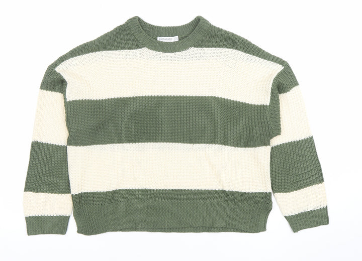 Stradivarius Women Green Cream Striped Chunky Knit Jumper XS