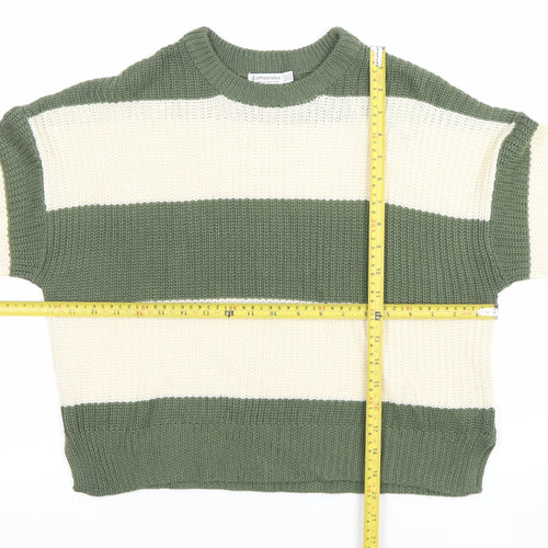 Stradivarius Women Green Cream Striped Chunky Knit Jumper XS