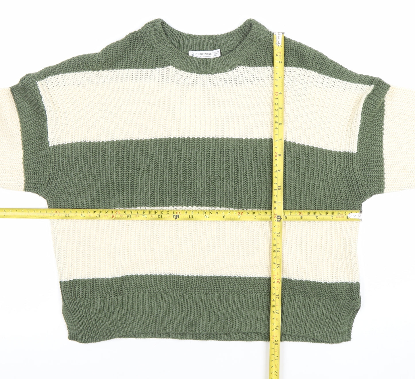 Stradivarius Women Green Cream Striped Chunky Knit Jumper XS