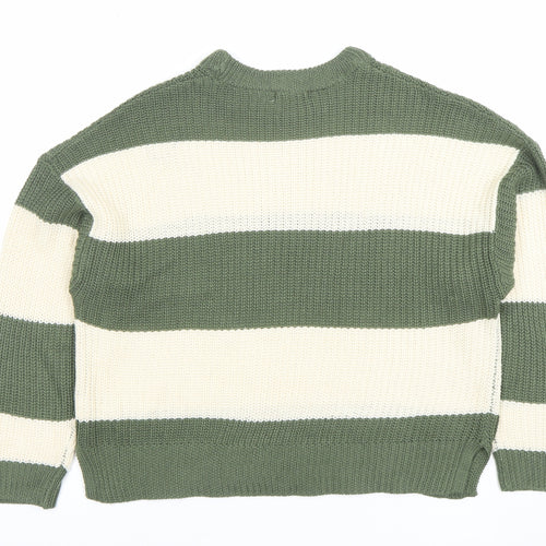 Stradivarius Women Green Cream Striped Chunky Knit Jumper XS
