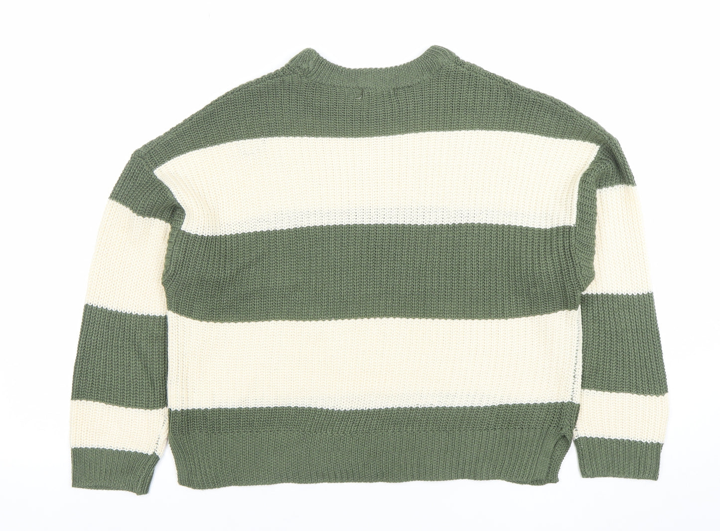 Stradivarius Women Green Cream Striped Chunky Knit Jumper XS