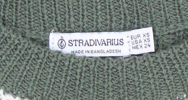 Stradivarius Women Green Cream Striped Chunky Knit Jumper XS