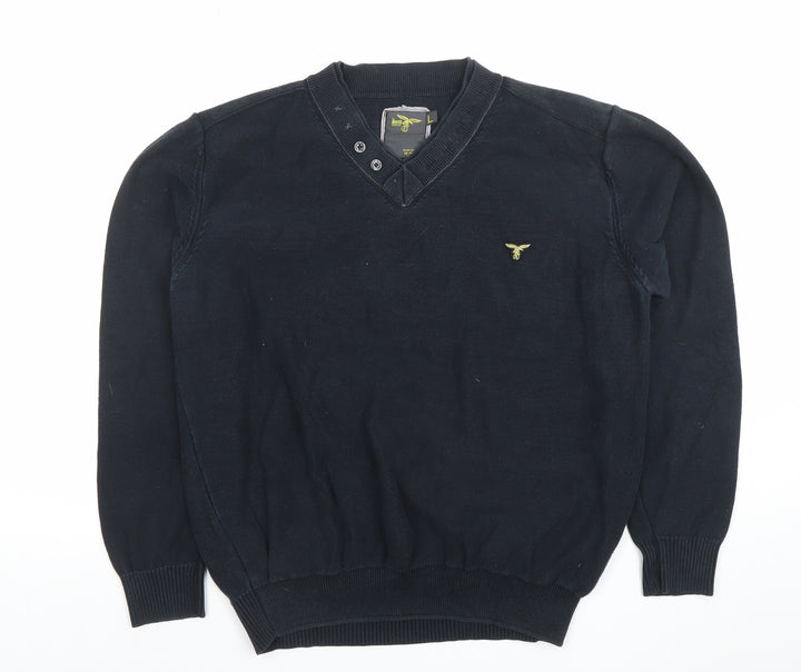 Le Breve Mens Black Cotton V-Neck Pullover Jumper Size L