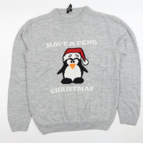 boohooMAN Men Grey Christmas Penguin Knit Jumper L